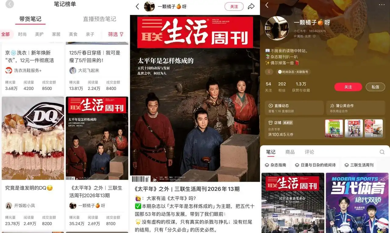 一颗橘子 1.3 万赞推荐三联生活周刊等文化书刊，小红书图文种草挂链接变现