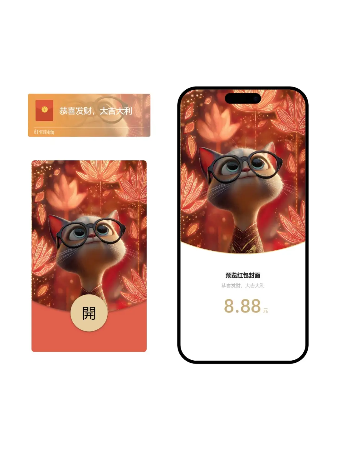 春节红包封面/壁纸利器：利用样机生成器创作“戴眼镜的猫”素材，发布小红书淘宝闲鱼卖虚拟资料变现