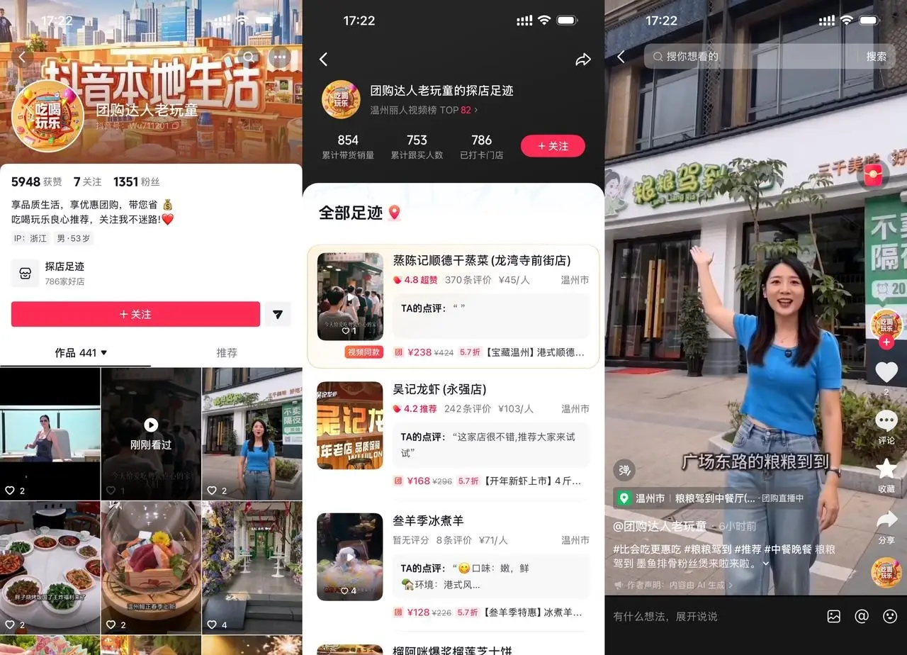 本地生活 AI 探店：441 个作品 1351 粉温州单城跑通，团购达人靠核销佣金赚分成
