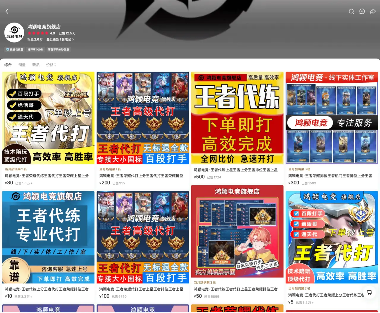 鸿颢电竞旗舰店 粉丝 2.8 万：王者代练代打排位上分服务，星耀到王者 30 元起