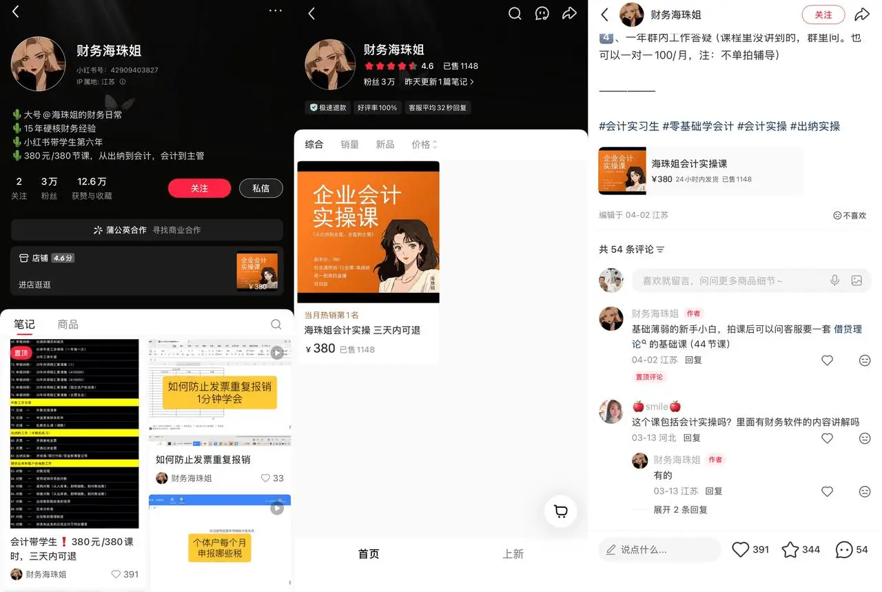 财务海珠姐 3 万粉 380 元/380 课时课程：会计带学生班三天内可退，零基础学会计实操单笔流水 14 万级