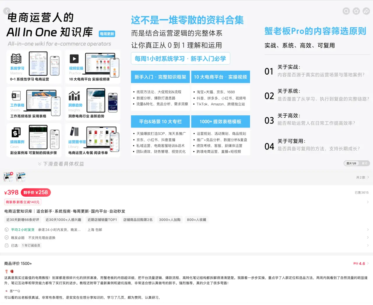 蟹老板 Pro 电商知识库 评价 1500+：运营资料库 258 元自动发货，高客单刚需复购