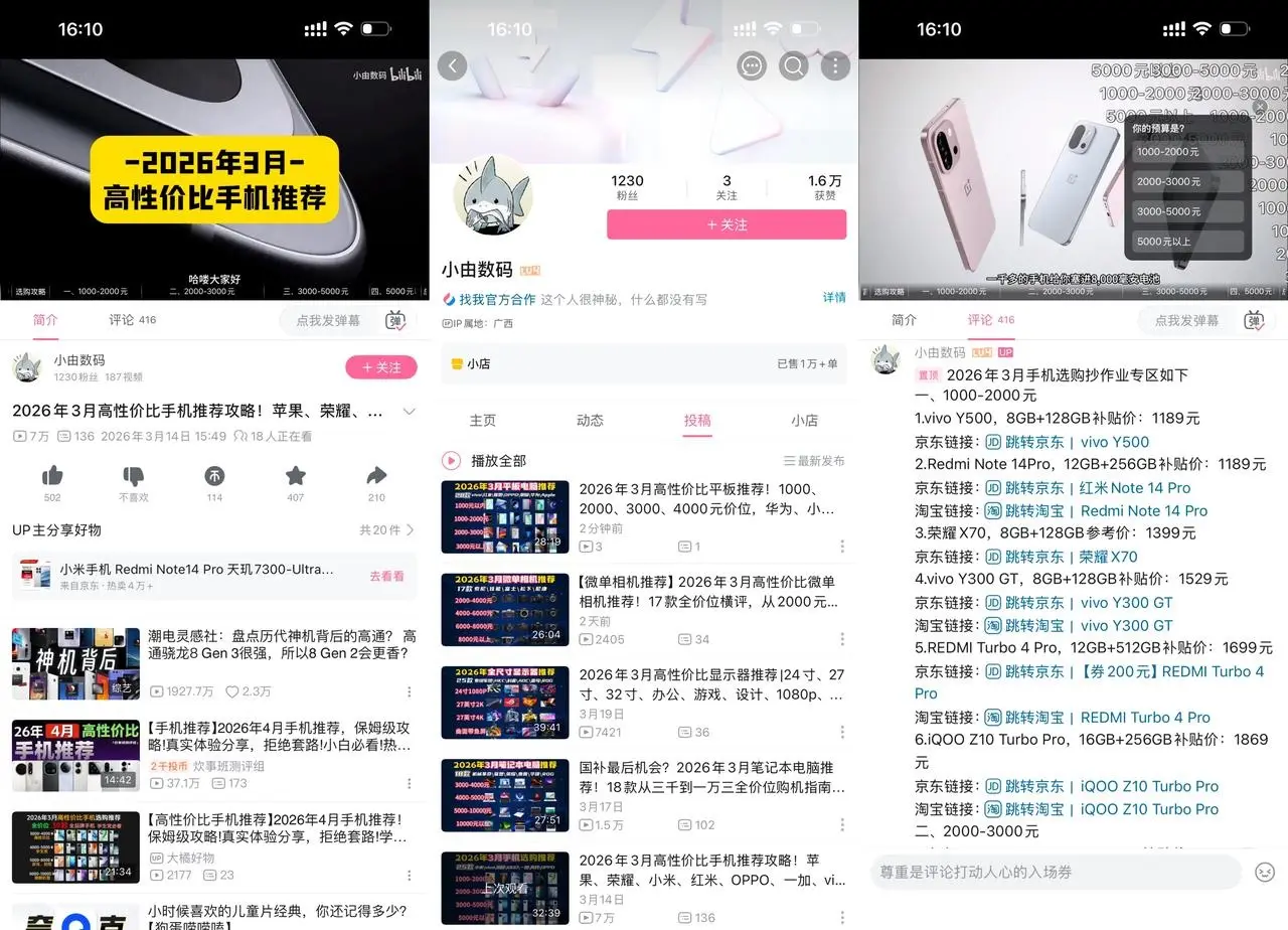B 站不露脸测评：1.9 万粉做手机性价比推荐涨 1.6 万赞，接品牌商单变现