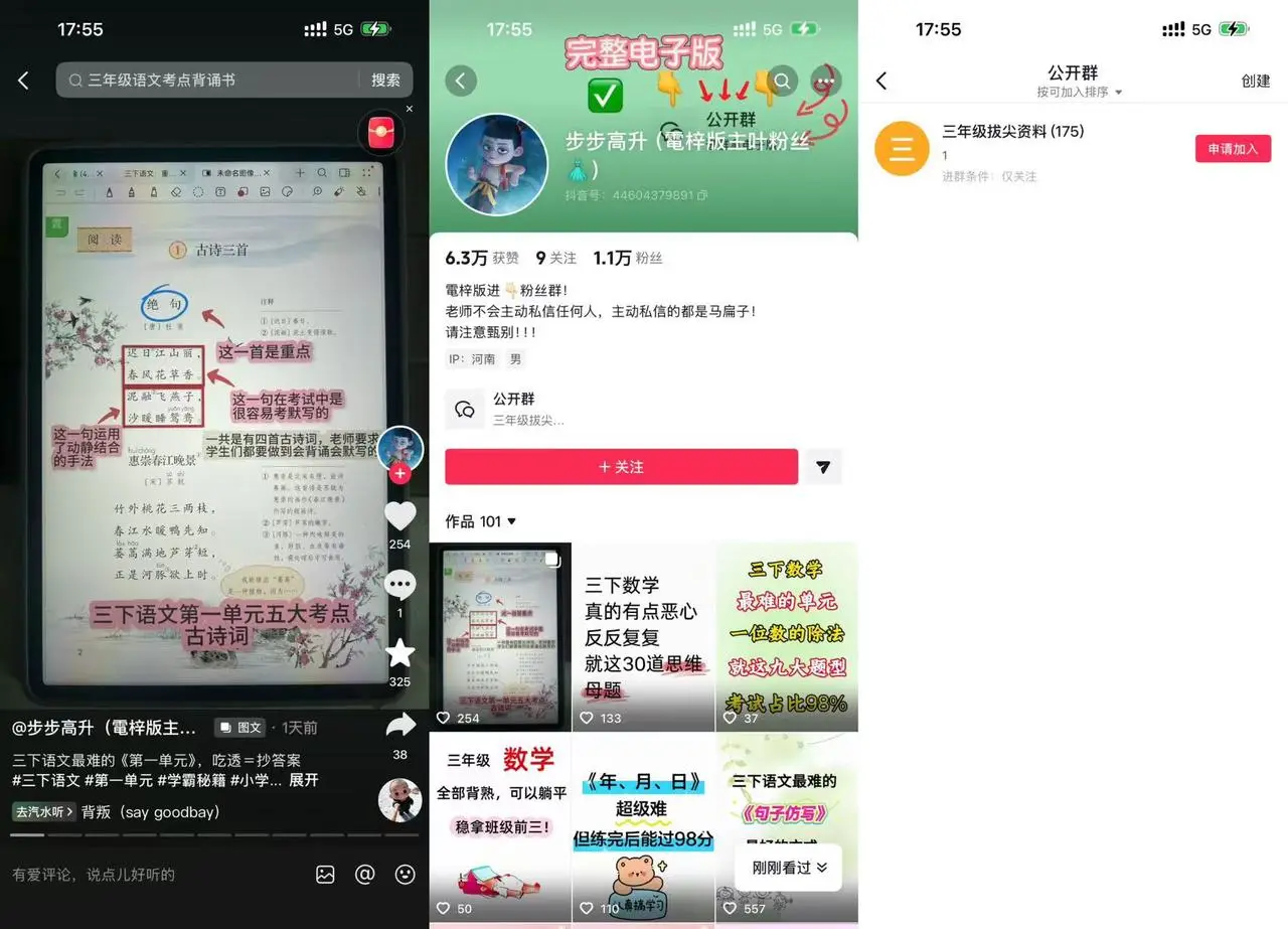 K12 语文电子版资料：6.3 万粉抖音号发三年级考点视频引流粉丝群带货教辅变现