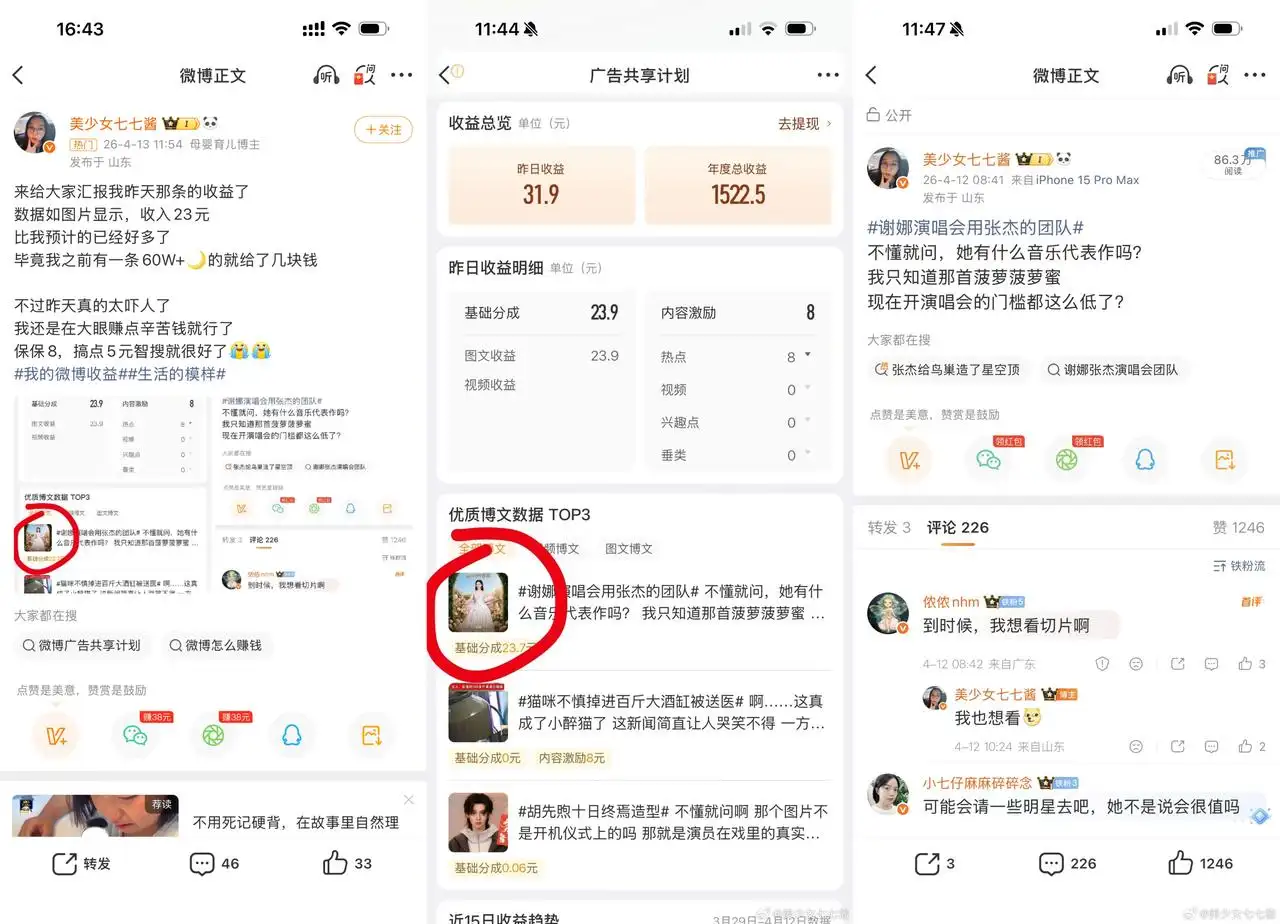 美少女七七酱 日收 31.9 元年度 1522 元：母婴博主单条热搜话题赚 23.75 元，垂类分成关键