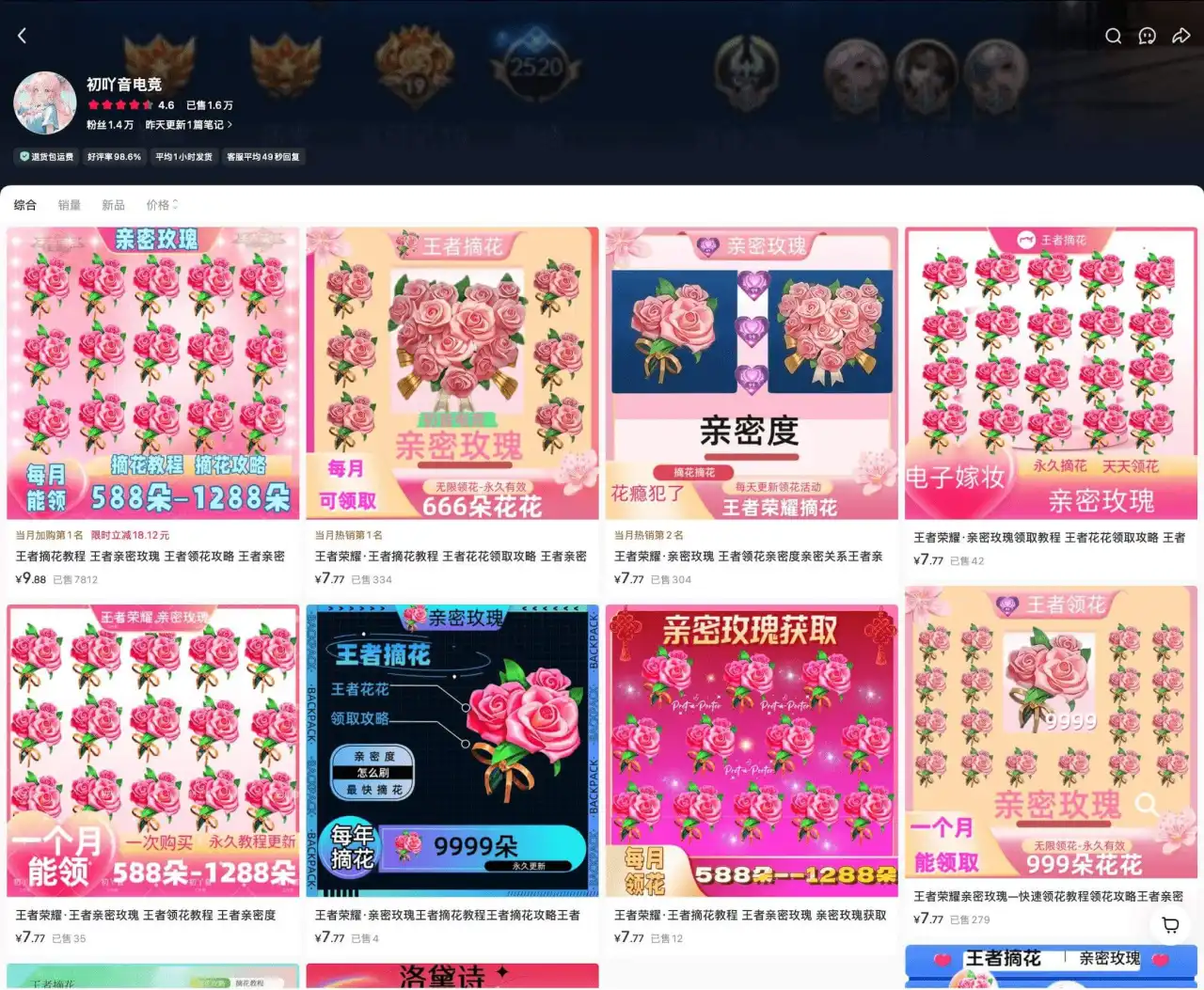初吖音电竞 已售 16 万：王者荣耀亲密玫瑰代刷每月 588 到 1288 朵，单次 7.77 元起